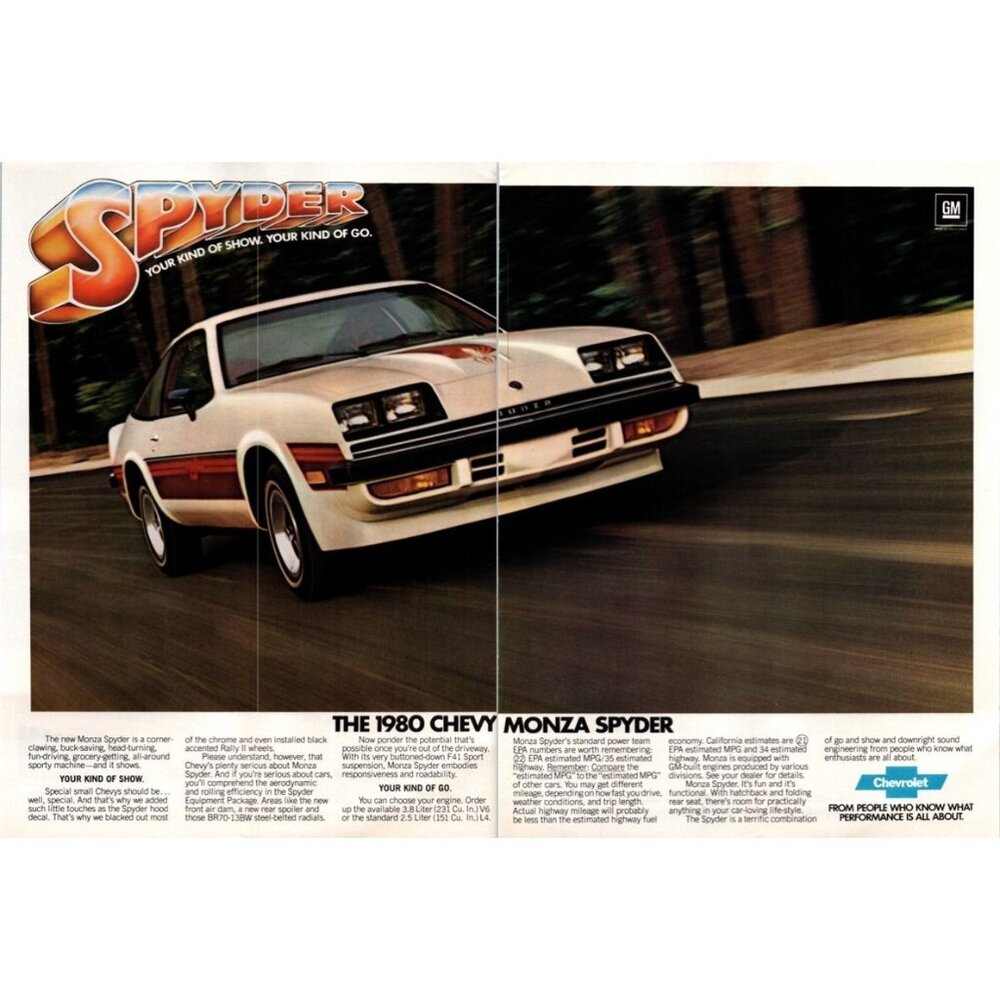 1980 Chevy Monza Spyder V6 Hatchback 2 page Vintage Print Ad Man Cave Wall Art